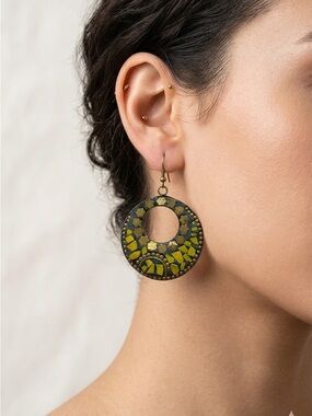 Boho Mosaic Round Earrings | Yellow Inlay Brass Star Dangles